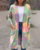 Colorful Floral Print Cardigan with Pockets
