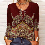 Women Floral Geometric Button Solid Color Long Sleeve T-Shirt