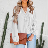 Women Chiffon Pom Pom Lace Patchwork V Neck Blouse