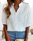 Eyelet Floral Embroidery V Neck Short Sleeves Blouse