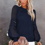 Women's Solid Color Long Cutout Lace Sleeves Round Neck Shirt Top