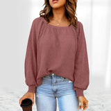 Women Square Neck Long Puff Sleeve Raglan Waffle Knit Shirt Top