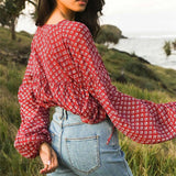 Women's Lantern Long Sleeve Floral Chiffon Shirt Top