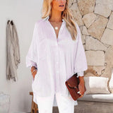 Women's Stripe Solid Color Beach Vacation Sunscreen Midi Shirt Blouse