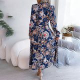 Tropical Floral Print Belted Shirt Maxi Dress Long Sleeve