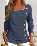 Lace Trim Button Decor Square Neck Long Sleeve Tunic Top Shirt