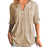 Striped Button Middle Sleeve Casual V Neck Shirt Blouse