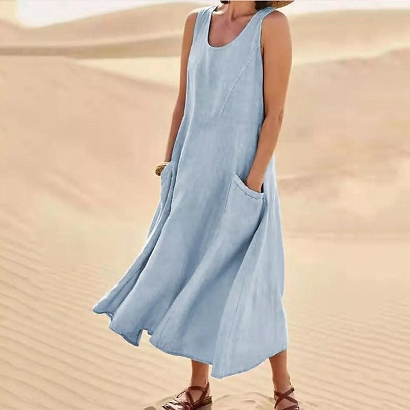 Women Casual Sleeveless Linen Sundress Pocket Beach Solid Color Long Dress