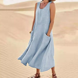 Women Casual Sleeveless Linen Sundress Pocket Beach Solid Color Long Dress