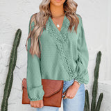 Women Chiffon Pom Pom Lace Patchwork V Neck Blouse