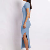 Women's Ribbed Crew Neck Solid Color Short Sleeve Tight Slit Long Dress