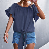 Asymmetrical Neck Ruffle Short Sleeve Solid Color Tie Knot Front Blouse