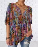 Multicolor Print Short Sleeve Shirred V Neck Short Sleeve Top