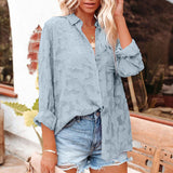 Women's Solid Color Cutout Chiffon Jacquard Button Long Sleeve Shirt Blouse