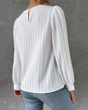 Lantern Sleeve Pleated Crew Neck Solid Long Sleeve Blouse