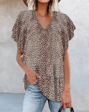 V Neck Leopard Flutter Short Sleeve Top