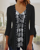 Plaid Print Pleated V-neck Fake Two-Piece 3/4 Sleeve T-Shirt