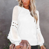 Women's Solid Color Long Cutout Lace Sleeves Round Neck Shirt Top