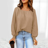 Women Square Neck Long Puff Sleeve Raglan Waffle Knit Shirt Top
