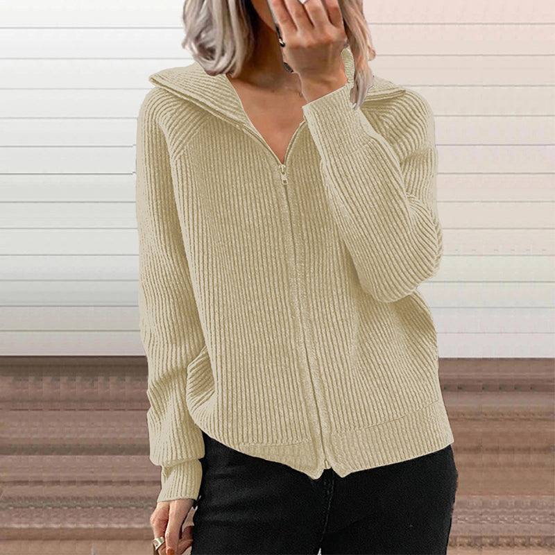 Striped Loose Knit Zip-Up Lapel Sweater