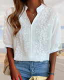 Eyelet Floral Embroidery V Neck Short Sleeves Blouse