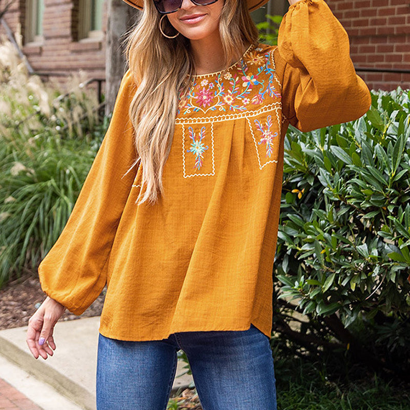 Women Ethnic Embroidered Puff Sleeve Crew Neck Long Sleeve Blouse