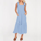 Women Plain Tie Shoulder Ruffle Hem Maxi Dress