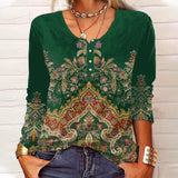 Women Floral Geometric Button Solid Color Long Sleeve T-Shirt