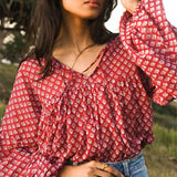 Women's Lantern Long Sleeve Floral Chiffon Shirt Top