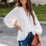 Women's Notched V Neck Lantern Sleeve Plain Blouse