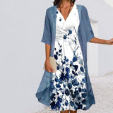 Women Two Piece Printed Midi Dress Elegant Twist Knot Front V Neck Half Sleeve Dress