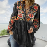 Women's V Neck Tie Front Gathered Floral Long Sleeve Velvet Tunic Blouse