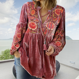 Women's V Neck Tie Front Gathered Floral Long Sleeve Velvet Tunic Blouse