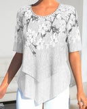 Floral Print Crew Neck Short Sleeve Ruffle Tunic Shirt