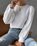 Lantern Sleeve Pleated Crew Neck Solid Long Sleeve Blouse