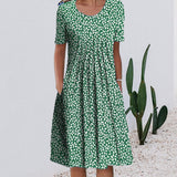 Women Short Sleeve Floral Crew Neck Pleated Midi Dress