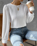 Lantern Sleeve Pleated Crew Neck Solid Long Sleeve Blouse