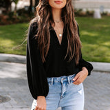 Women's Notched V Neck Lantern Sleeve Plain Blouse