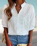 Eyelet Floral Embroidery V Neck Short Sleeves Blouse