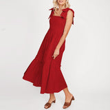 Women Plain Tie Shoulder Ruffle Hem Maxi Dress