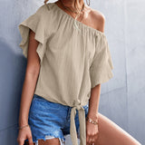 Asymmetrical Neck Ruffle Short Sleeve Solid Color Tie Knot Front Blouse