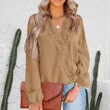 Women Chiffon Pom Pom Lace Patchwork V Neck Blouse