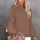 Women's Solid Color Long Cutout Lace Sleeves Round Neck Shirt Top
