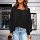 Women Square Neck Long Puff Sleeve Raglan Waffle Knit Shirt Top