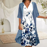 Women Two Piece Printed Midi Dress Elegant Twist Knot Front V Neck Half Sleeve Dress