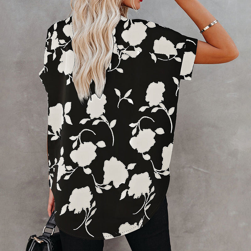 Womens Chiffon Floral Printed Notched Neck Cuffed Short Sleeve Blouse