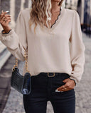 Scallop Trim V-neck Lantern Sleeve Blouse