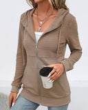 Casual Zip Up Splice Drawstring Hooded Plain Sweatshirt with Pockets