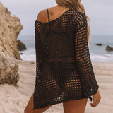 Women Hollow Out Split Hem Drop Shoulder Solid Cover Up Fishnet Beach Dress