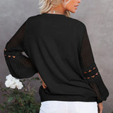 Women's Solid Color Long Cutout Lace Sleeves Round Neck Shirt Top
